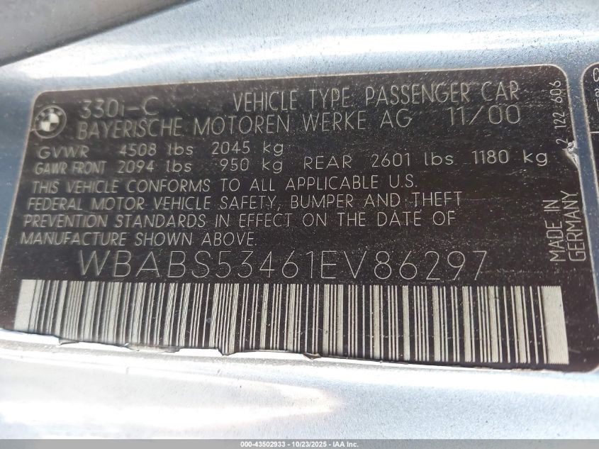 2001 BMW 330Ci VIN: WBABS53461EV86297 Lot: 43502933