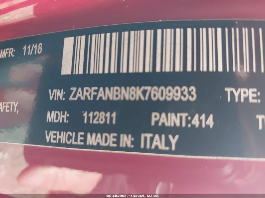 2019 Alfa Romeo Giulia Ti Sport Carbon Awd VIN: ZARFANBN8K7609933 Lot: 43502988