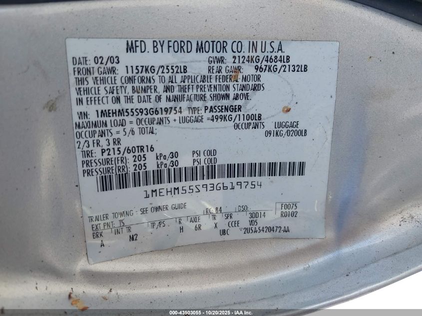 2003 Mercury Sable Ls Premium VIN: 1MEHM55S93G619754 Lot: 43503055