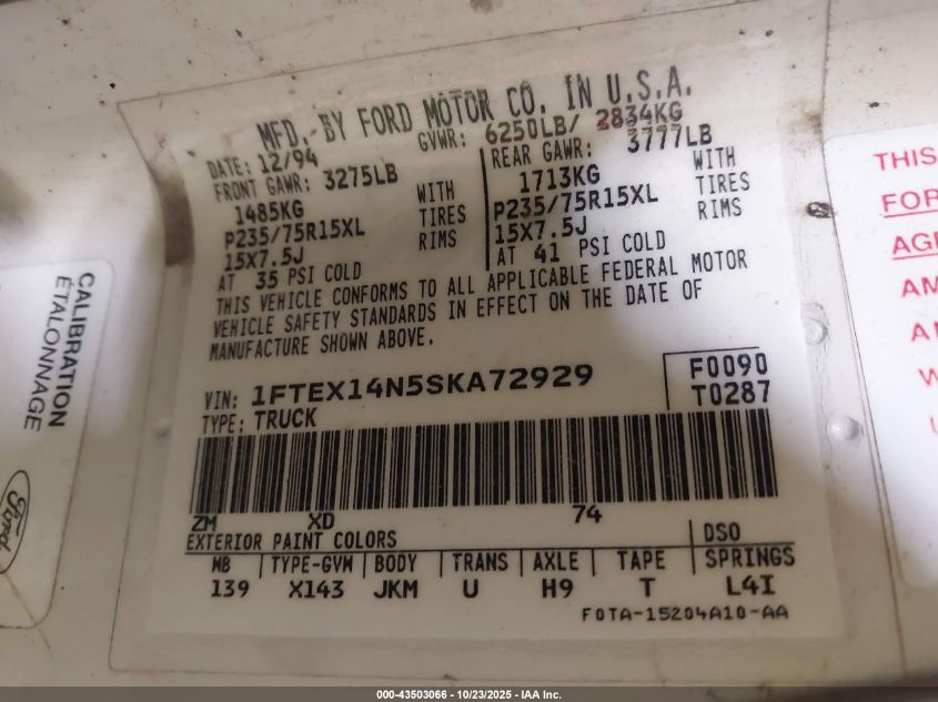 1995 Ford F150 VIN: 1FTEX14N5SKA72929 Lot: 43503066