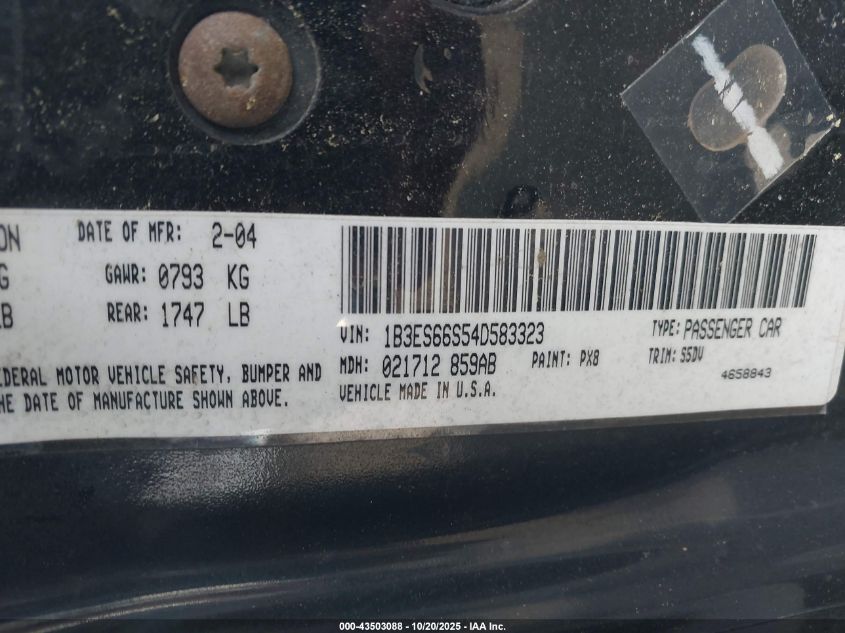 2004 Dodge Srt4 VIN: 1B3ES66S54D583323 Lot: 43503088