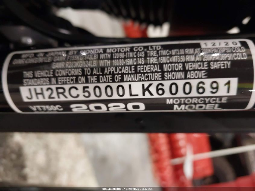 2020 Honda Vt750 C VIN: JH2RC5000LK600691 Lot: 43503100