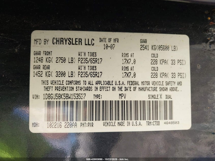 2008 Dodge Nitro Slt VIN: 1D8GU58K58W153537 Lot: 43503098