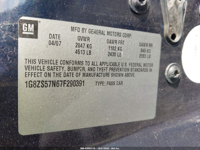 2007 Saturn Aura Xe VIN: 1G8ZS57N67F290391 Lot: 43503110