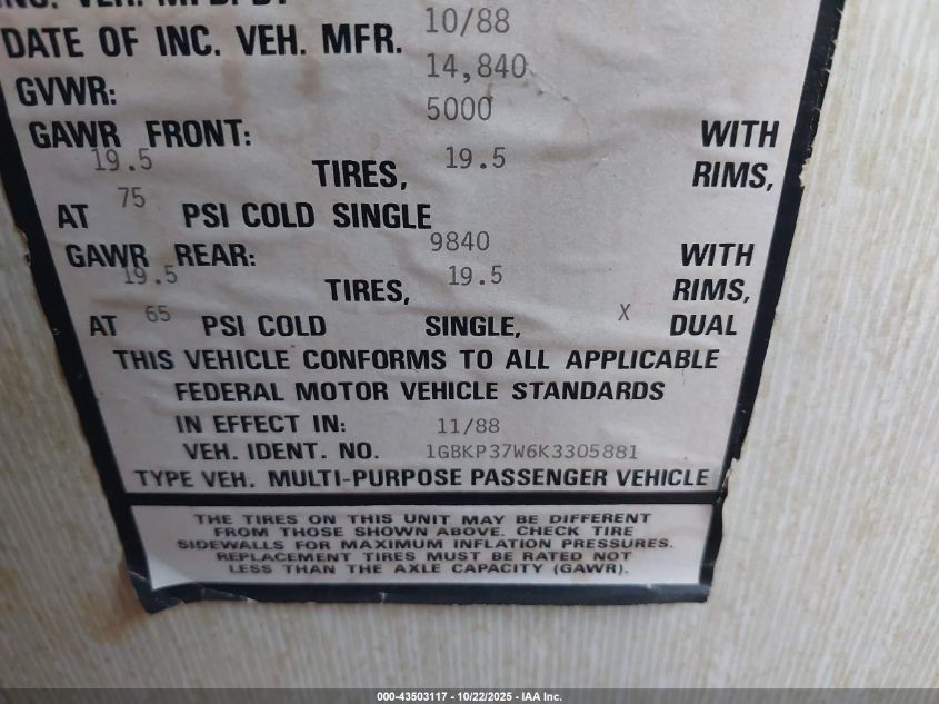 1989 Chevrolet P30 VIN: 1GBKP37W6K3305881 Lot: 43503117