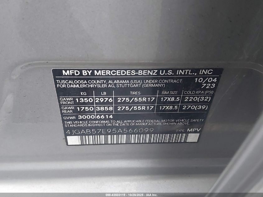 2005 Mercedes-Benz Ml 350 VIN: 4JGAB57E95A566099 Lot: 43503119