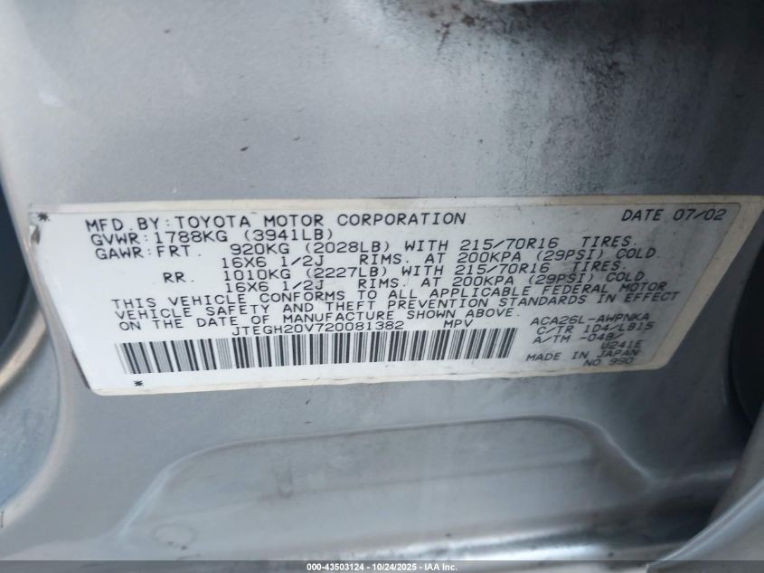 2002 Toyota Rav4 VIN: JTEGH20V720081382 Lot: 43503124