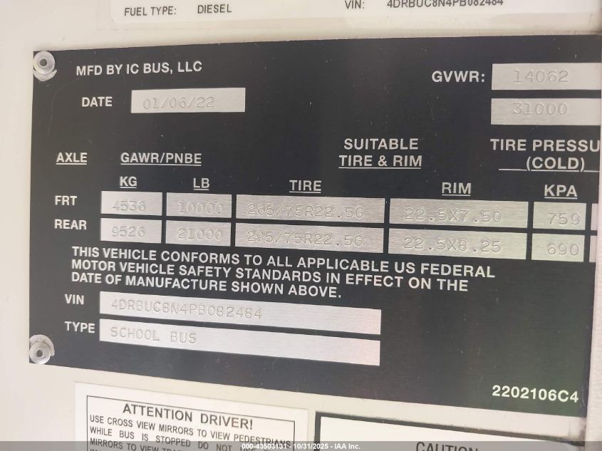 2023 Ic Corporation 3000 Ce VIN: 4DRBUC8N4PB082484 Lot: 43503131