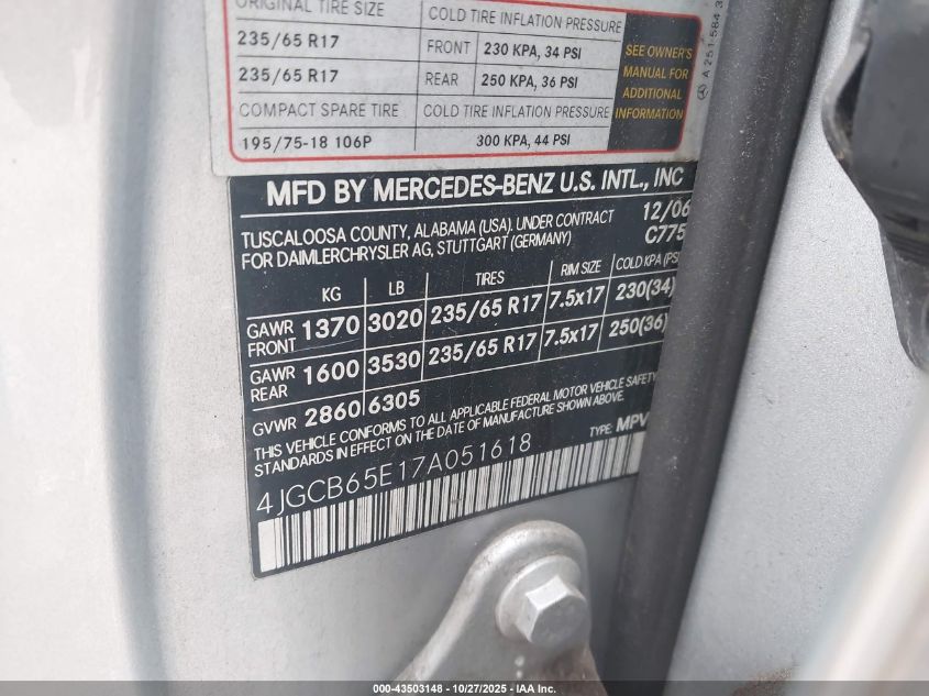 2007 Mercedes-Benz R 350 4Matic VIN: 4JGCB65E17A051618 Lot: 43503148