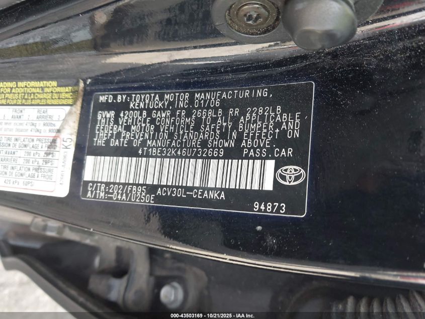 2006 Toyota Camry Std VIN: 4T1BE32K46U732669 Lot: 43503169