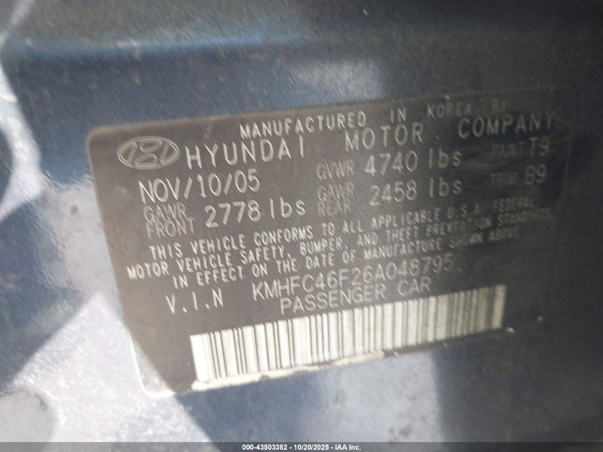 2006 Hyundai Azera Limited/Se VIN: KMHFC46F26A048795 Lot: 43503382