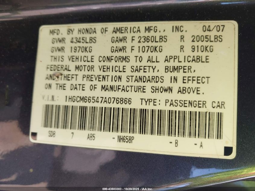 2007 Honda Accord 3.0 Ex VIN: 1HGCM66547A076866 Lot: 43503383