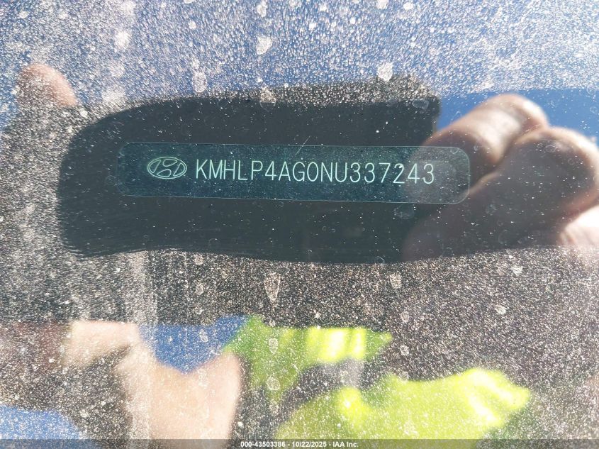 2022 Hyundai Elantra Limited VIN: KMHLP4AG0NU337243 Lot: 43503386
