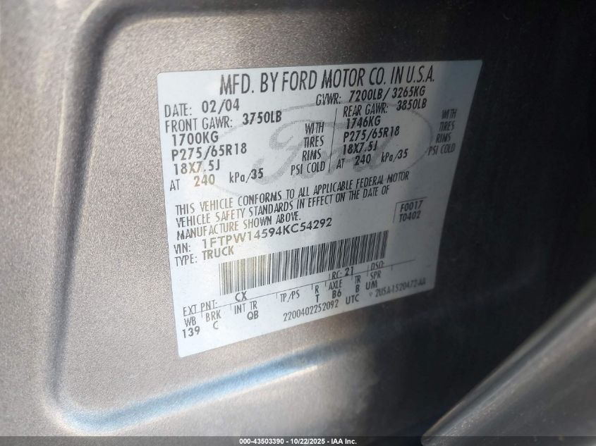 2004 Ford F-150 Fx4/Lariat/Xlt VIN: 1FTPW14594KC54292 Lot: 43503390