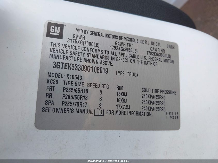 2009 GMC Sierra 1500 Slt VIN: 3GTEK33309G108019 Lot: 43503410