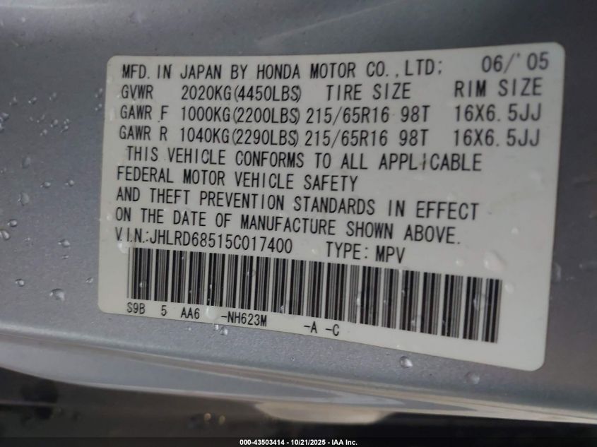 2005 Honda Cr-V Lx VIN: JHLRD68515C017400 Lot: 43503414