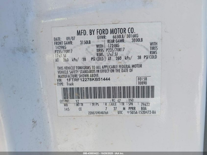 2008 Ford F-150 Stx/Xl/Xlt VIN: 1FTRF12278KB51444 Lot: 43503422