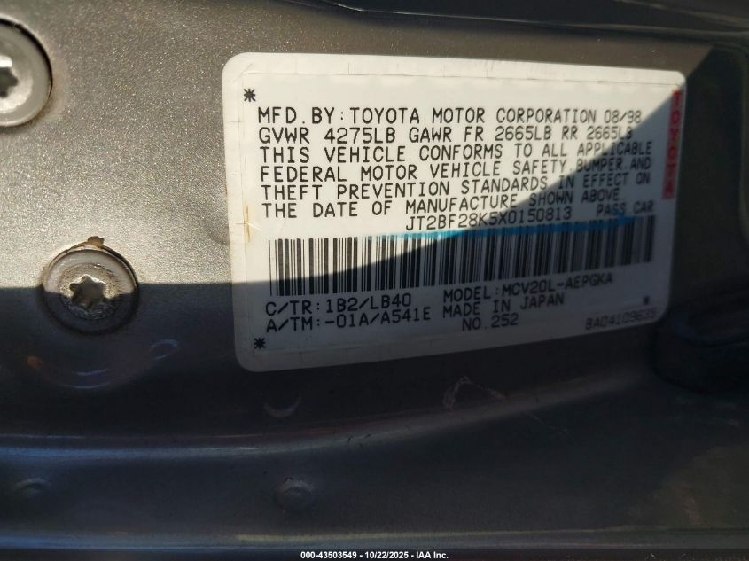 1999 Toyota Camry Xle V6 VIN: JT2BF28K5X0150813 Lot: 43503549