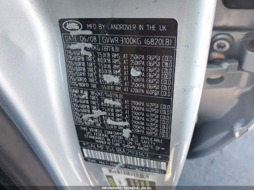 2008 Land Rover Range Rover Hse VIN: SALMF15418A293147 Lot: 43503553