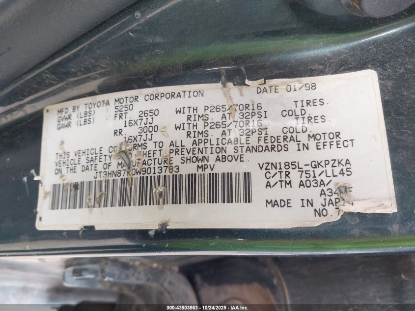 1998 Toyota 4Runner Limited VIN: JT3HN87R0W9013783 Lot: 43503563