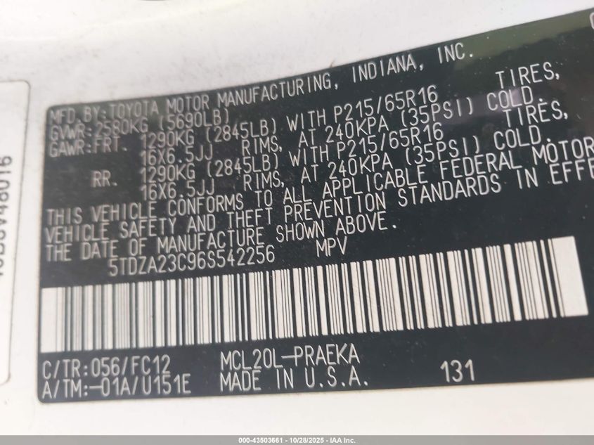 2006 Toyota Sienna Le VIN: 5TDZA23C96S542256 Lot: 43503661