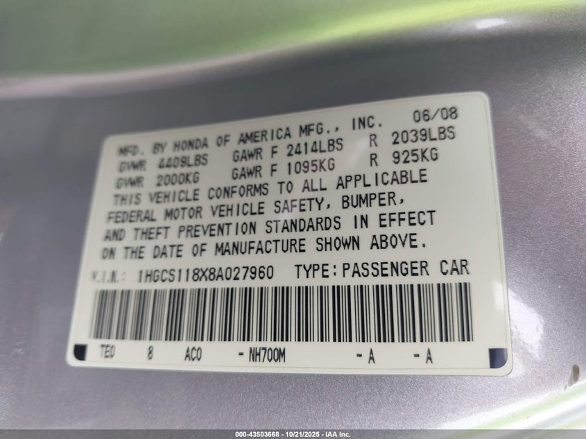 1HGCS118X8A027960 2008 HONDA ACCORD photo no. 9
