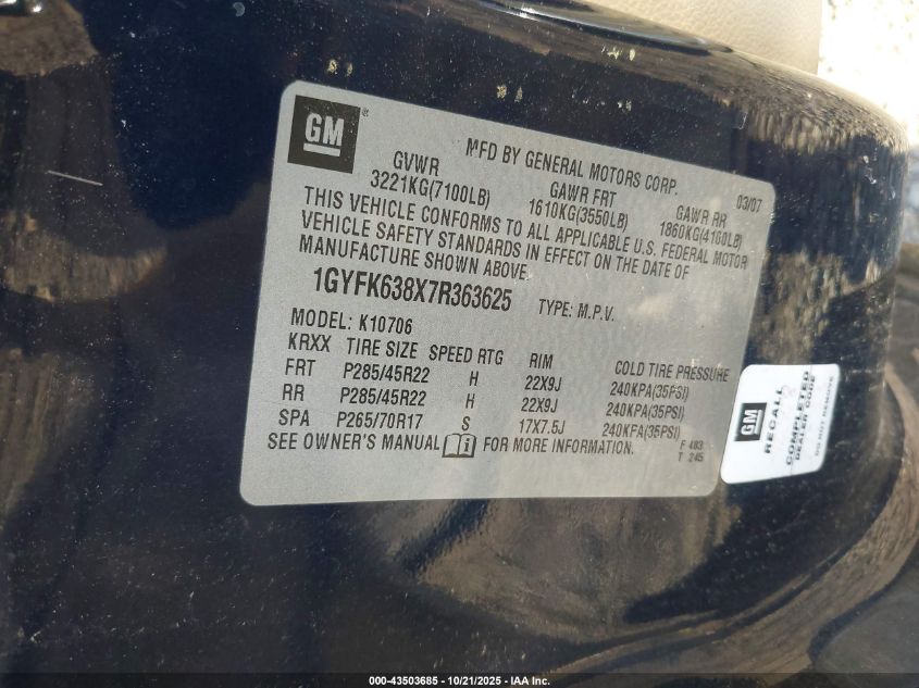 2007 Cadillac Escalade Standard VIN: 1GYFK638X7R363625 Lot: 43503685