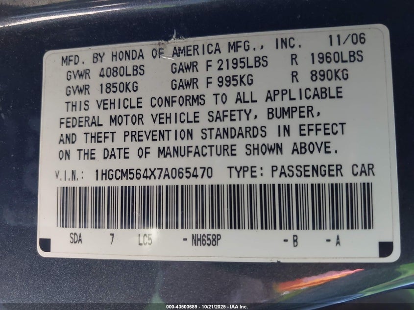 1HGCM564X7A065470 2007 HONDA ACCORD photo no. 9