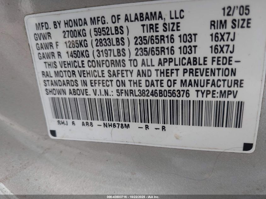 2006 Honda Odyssey Lx VIN: 5FNRL38246B056376 Lot: 43503716