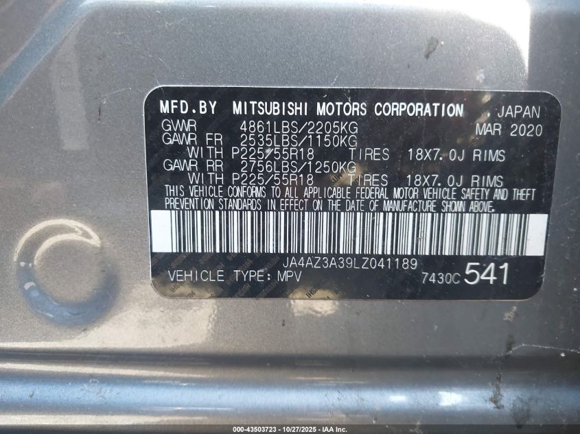 2020 Mitsubishi Outlander VIN: JA4AZ3A39LZ041189 Lot: 43503723