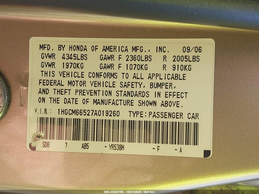 1HGCM66527A019260 2007 HONDA ACCORD photo no. 9