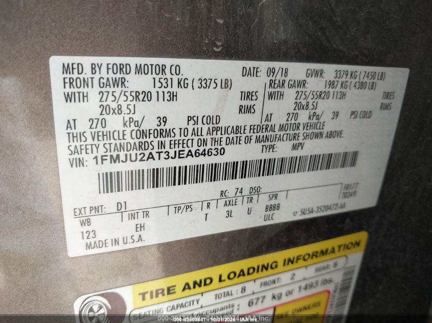 2018 Ford Expedition Limited VIN: 1FMJU2AT3JEA64630 Lot: 43503847