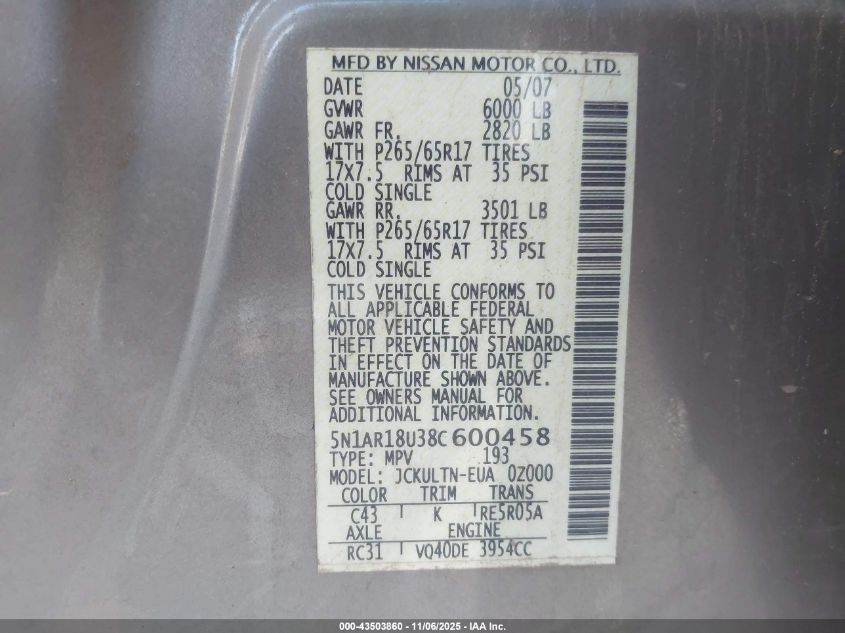 2008 Nissan Pathfinder Se VIN: 5N1AR18U38C600458 Lot: 43503860