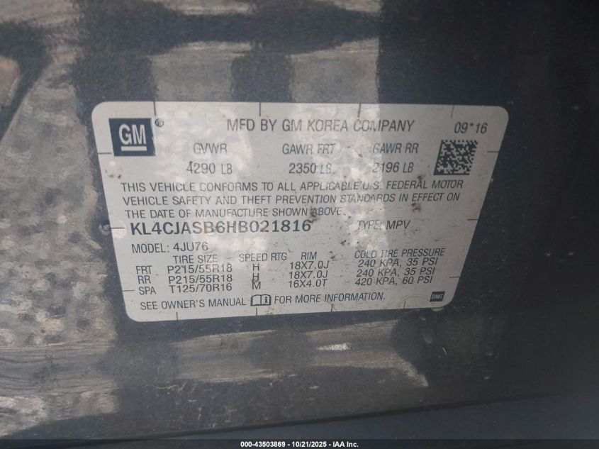 2017 Buick Encore Preferred VIN: KL4CJASB6HB021816 Lot: 43503869