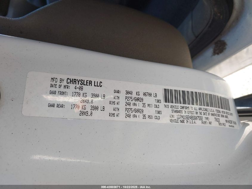 2008 Dodge Ram 1500 Slt VIN: 1D7HU18248S607592 Lot: 43503871