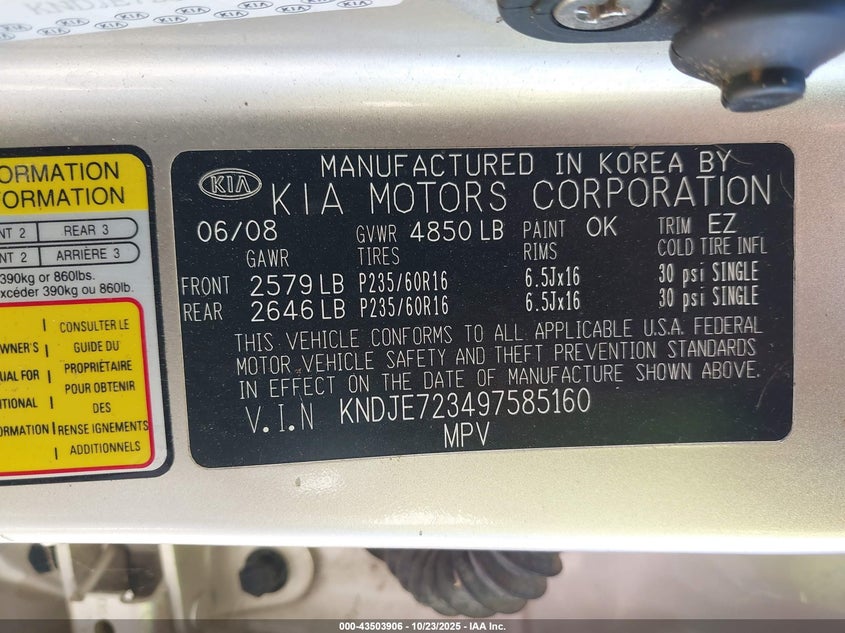 2009 Kia Sportage Ex V6 VIN: KNDJE723497585160 Lot: 43503906