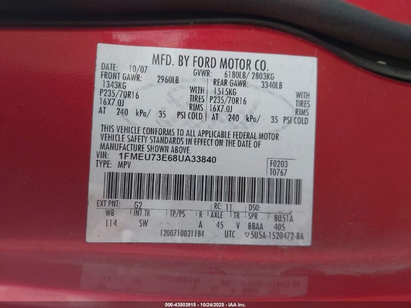 2008 Ford Explorer Xlt VIN: 1FMEU73E68UA33840 Lot: 43503915