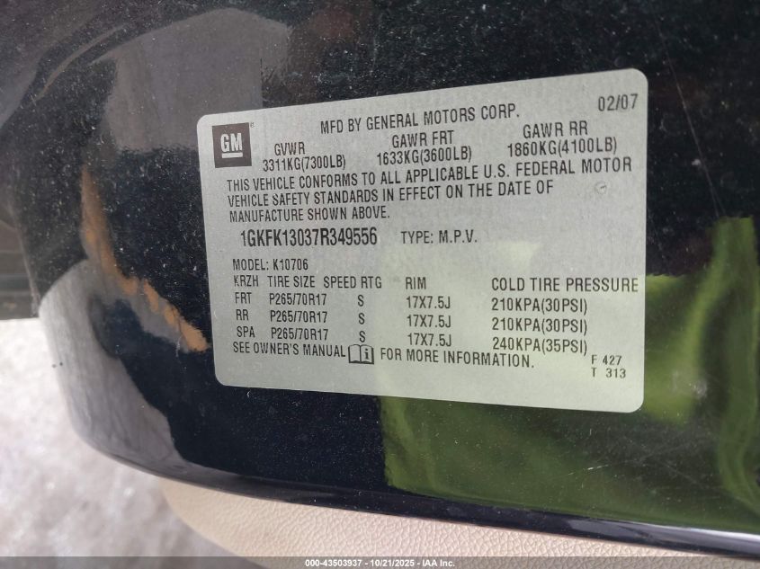 2007 GMC Yukon Slt VIN: 1GKFK13037R349556 Lot: 43503937