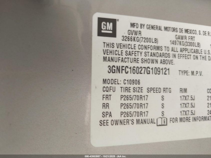 2007 Chevrolet Suburban 1500 Lt VIN: 3GNFC16027G109121 Lot: 43503957