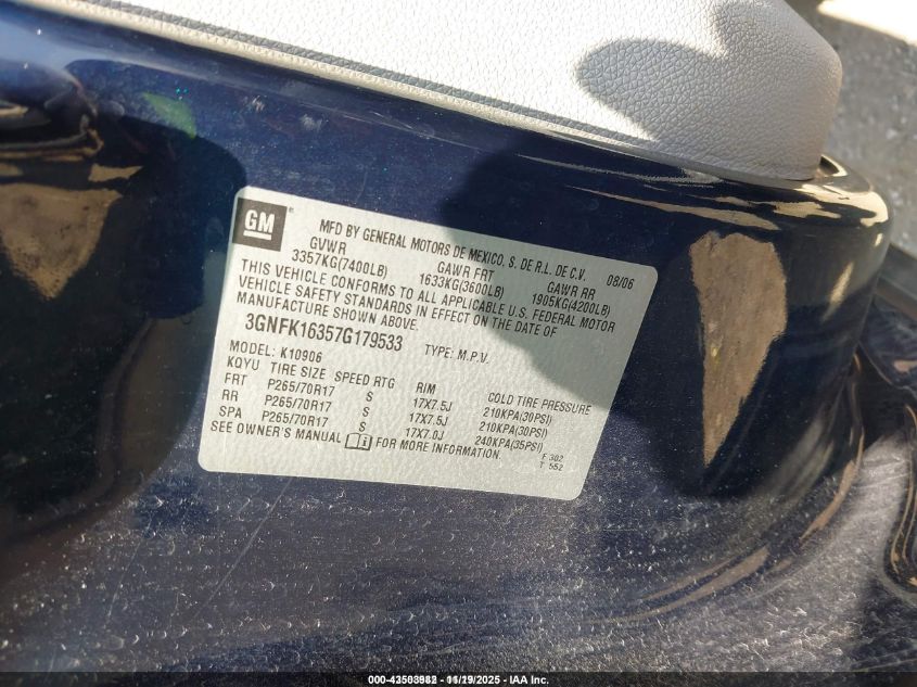 2007 Chevrolet Suburban 1500 Lt VIN: 3GNFK16357G179533 Lot: 43503982