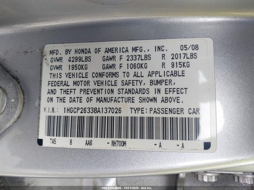 1HGCP26338A137026 2008 HONDA ACCORD photo no. 9