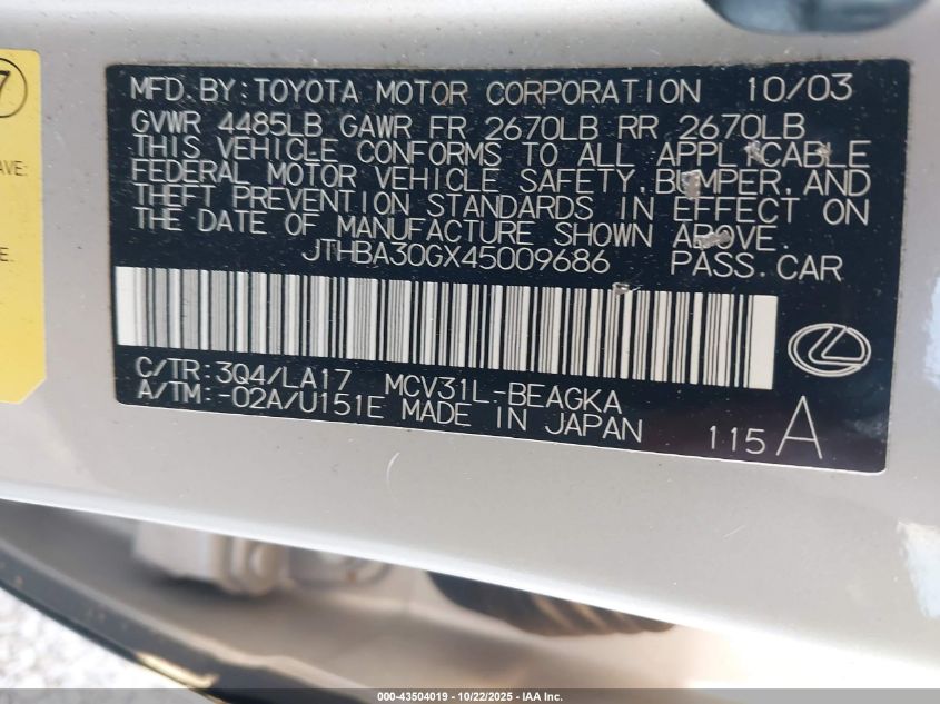 2004 Lexus Es 330 VIN: JTHBA30GX45009686 Lot: 43504019