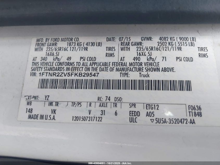2015 Ford Transit-250 VIN: 1FTNR2ZV5FKB29547 Lot: 43504051