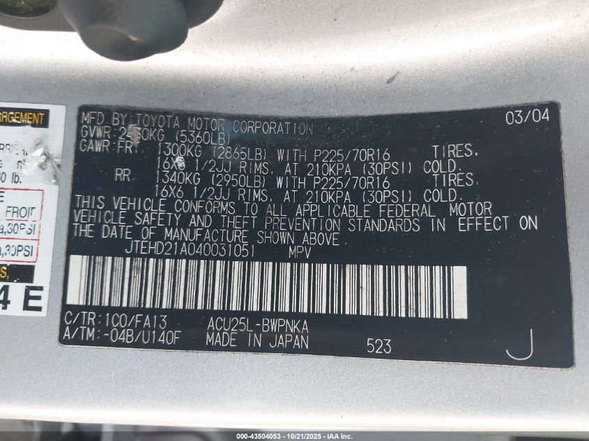 2004 Toyota Highlander VIN: JTEHD21A040031051 Lot: 43504053