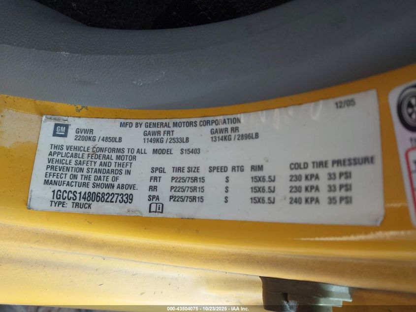 2006 Chevrolet Colorado Ls VIN: 1GCCS148068227339 Lot: 43504075