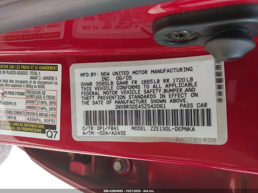 2005 Toyota Corolla Le VIN: 1NXBR32E45Z542061 Lot: 43504080