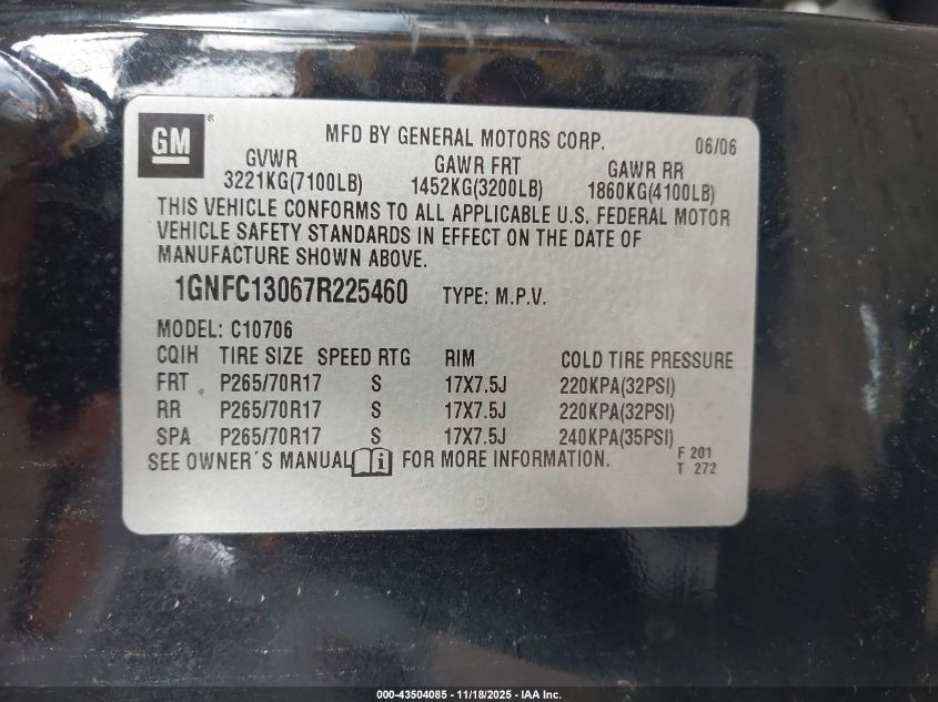2007 Chevrolet Tahoe Ls VIN: 1GNFC13067R225460 Lot: 43504085