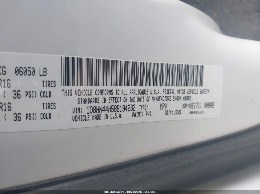 2008 Dodge Grand Caravan Se VIN: 1D8HN44H58B194232 Lot: 43504081
