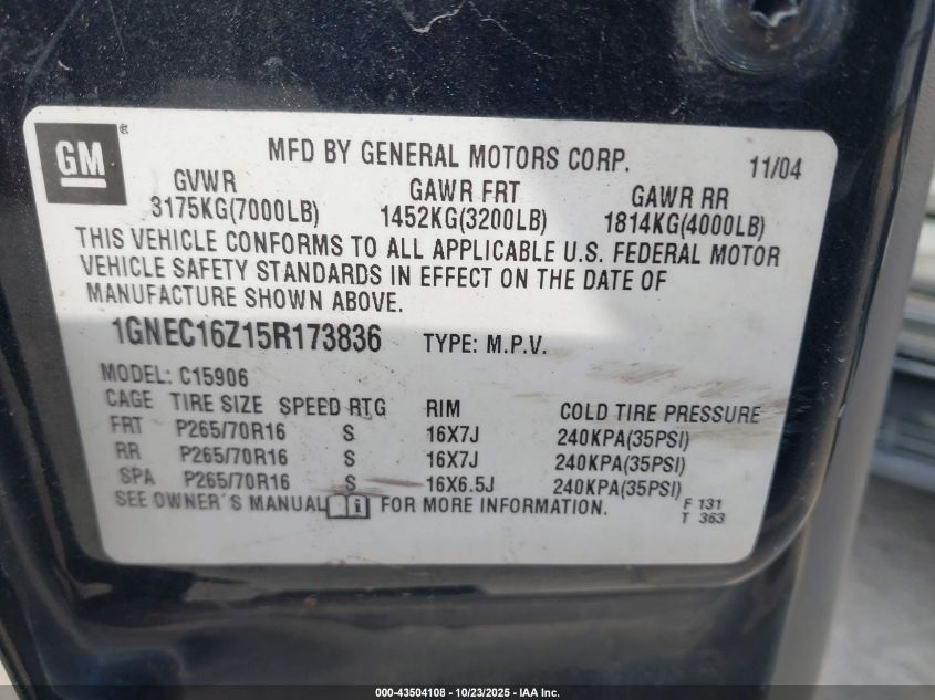 2005 Chevrolet Suburban 1500 Ls VIN: 1GNEC16Z15R173836 Lot: 43504108