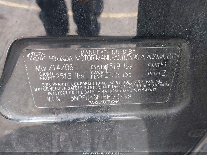 2006 Hyundai Sonata Gls V6/Lx V6 VIN: 5NPEU46F16H140499 Lot: 43504125